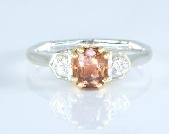 Octagonal Natural Padparadscha Sapphire and Diamond Ring in Platinum
