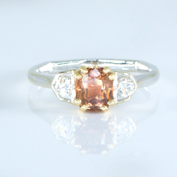 Octagonal Natural Padparadscha Sapphire and Diamond Ring in Platinum