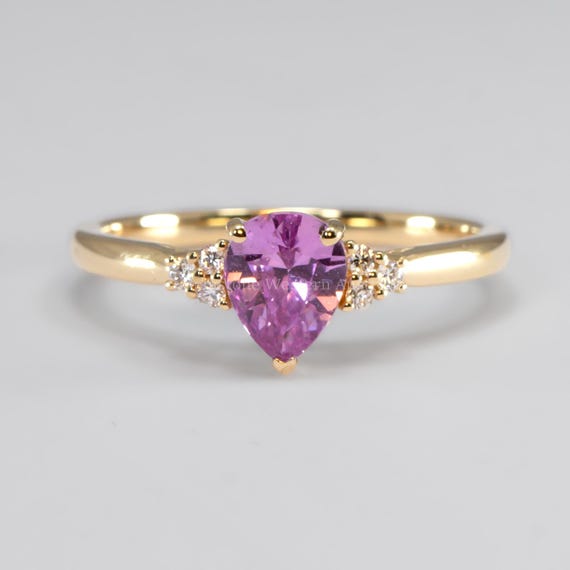 Unheated Pear Cut Pink Sapphire Ring with Diamond Cluster in 18K Yellow Gold