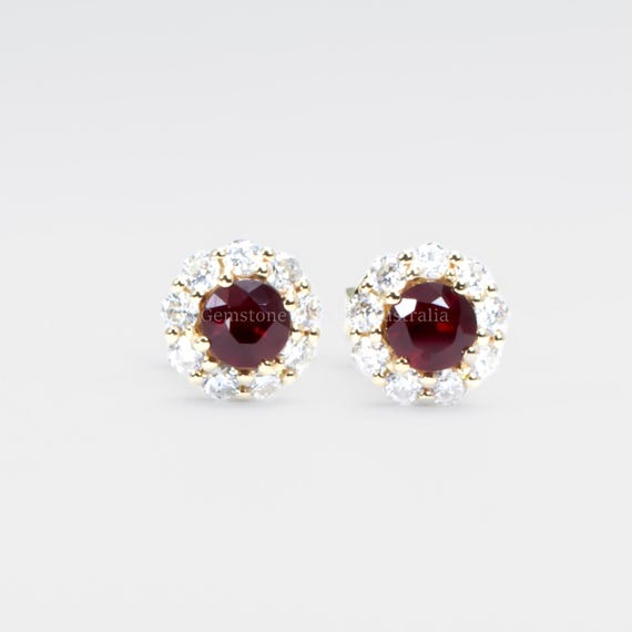 Natural Ruby Stud Earrings with Moissanite Halo in 9K Yellow Gold