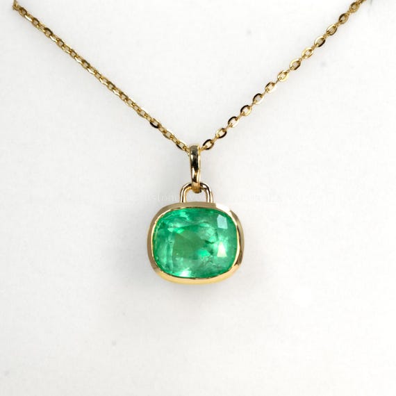 3.08ct Cushion Cut Colombian Emerald Pendant in 18K Yellow Gold