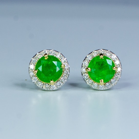 Round Colombian Emerald and Diamond Stud Earrings