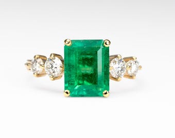 2.29ct Natural Colombian Emerald Ring with GIA Diamonds in 18K Yellow Gold