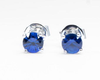 2カラットのブルーサファイアスタッドピアス、プラチナ、ハンドメイド 
