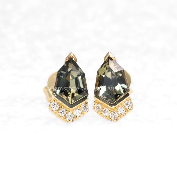Shield Cut Teal Sapphire Diamond Stud Earrings in 18K Yellow Gold