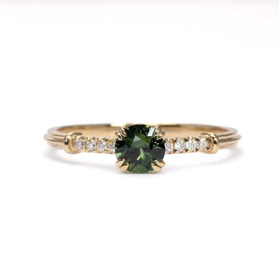 Round Australian Teal Sapphire Ring with Diamond Band in 18K Yellow Gold