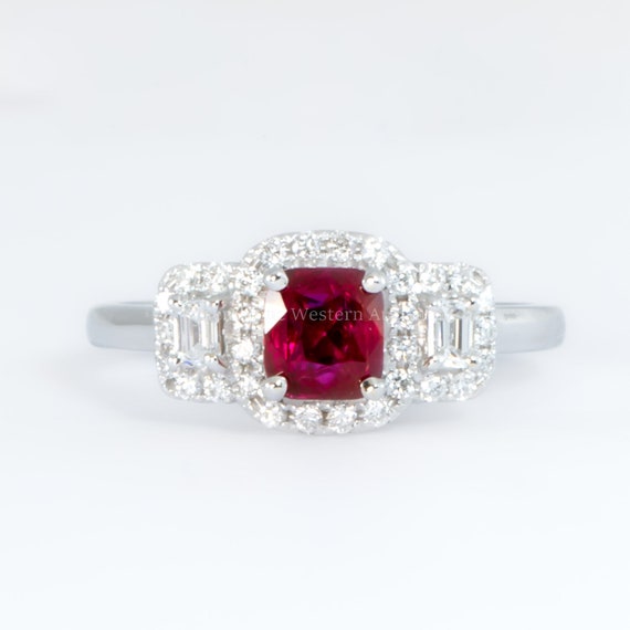 Natural Unheated Ruby Three Stone Halo Ring Ruby and Diamond Three Stone Ring