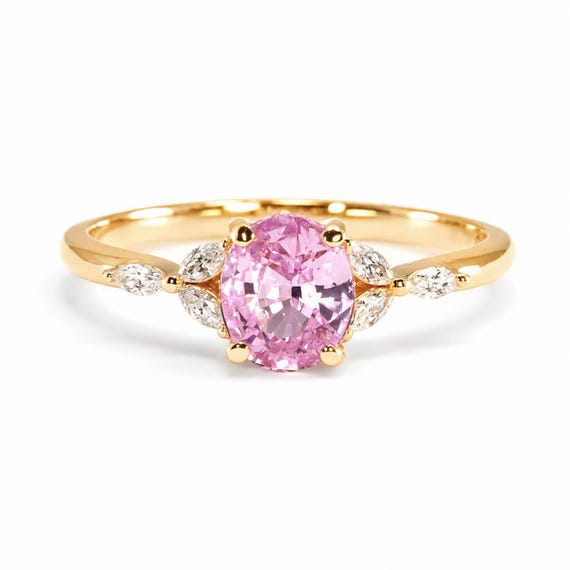 Unheated 1.34ct Baby Pink Sapphire Ring with Marquise Diamond Accents in 18K Yellow Gold