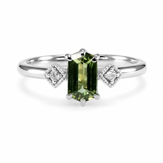 0.81ct Natural Party Green Sapphire Hexagonal Ring in Platinum with Diamonds