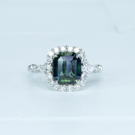 3.13ct Natural Unheated Bluish Green Sapphire Ring in Platinum