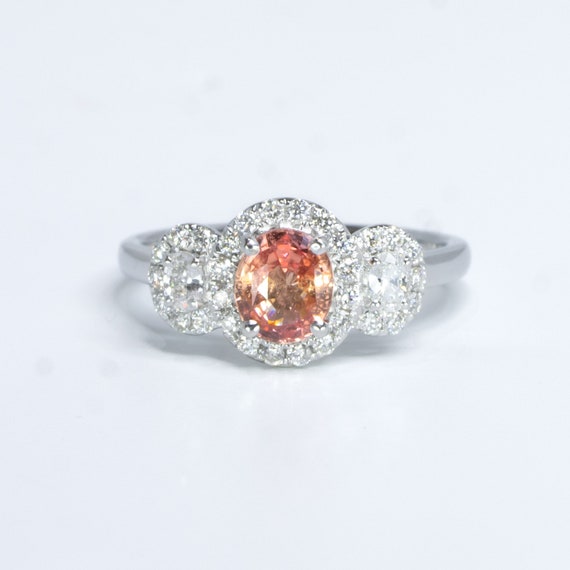 Padparadscha Sapphire Three Stone Halo Ring Padparadscha and Diamond Three Stone Ring