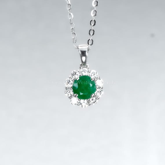 Natural Colombian Emerald Pendant with Moissanite Halo in Platinum 950