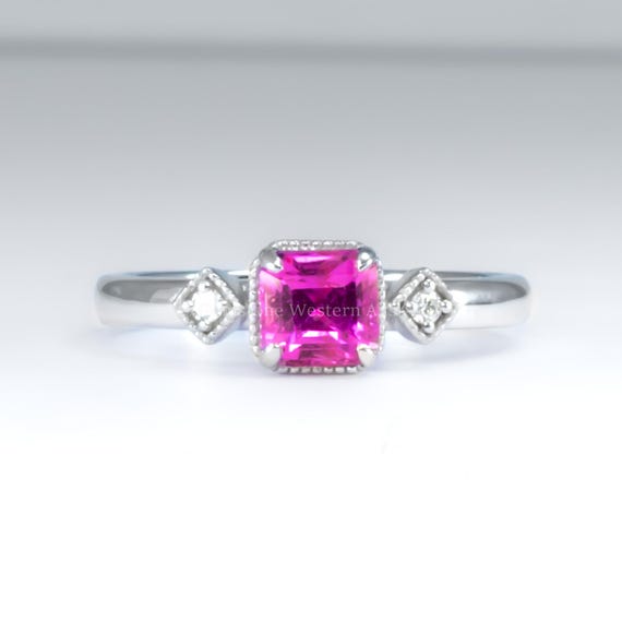 1.05ct Natural Unheated Emerald Cut Pink Sapphire Ring in Platinum 950 with Diamond Accents and Filigree Detail