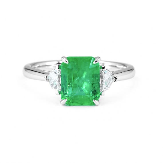 2.21ct Emerald Cut Emerald Ring | Colombian Emerald and Diamonds Three Stone Ring