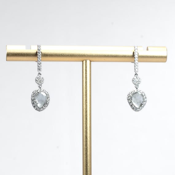 18K White Gold Dangling Earrings with Freeform Salt and Pepper Diamonds – Halo & Cluster Design