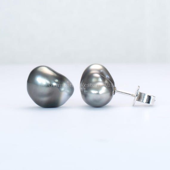 Baroque Tahitian Pearl Stud Earrings in White Gold