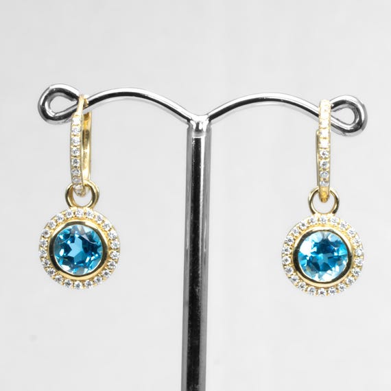 Yellow Gold Swiss Blue Topaz Dangle Earrings with Moissanite Halo – Two-Way Hoops