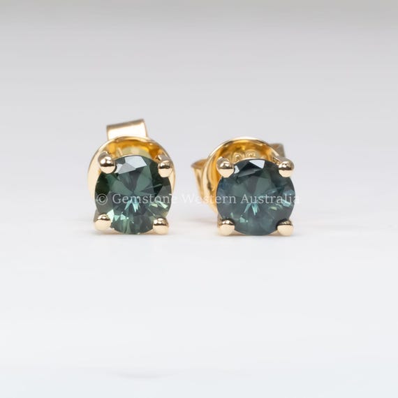 Australian Teal Sapphire Stud Earrings in 18K Gold – 0.79ct Round Pair