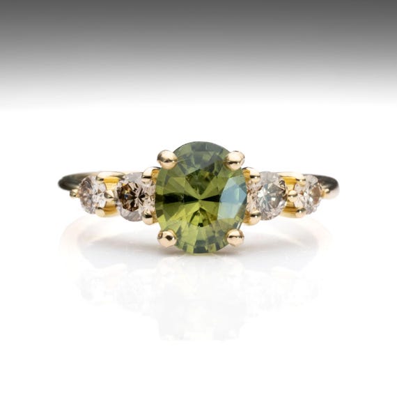 Green Sapphire & Argyle Champagne Diamond Ring in 18K Yellow Gold – 1.63ct Oval Cut
