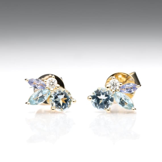 Aquamarine, Topaz & Tanzanite Diamond Earrings in 18K Yellow Gold