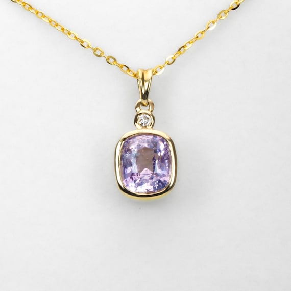 Soft Pink Sapphire Pendant in 18K Yellow Gold with Diamond - 2.58ct Cushion Cut