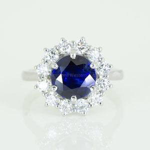 3.16ct Royal Blue Sapphire Diamond Halo Ring in Platinum image 1