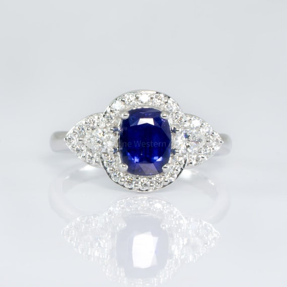 Natural Blue Sapphire and Diamonds Cluster Ring | Sapphire Platinum Ring