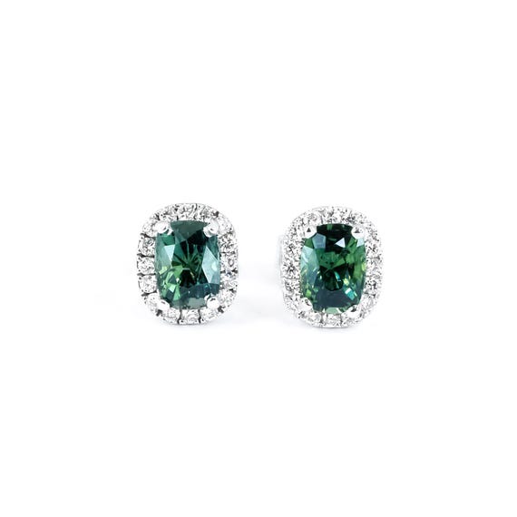 2.11ct Unheated Teal Sapphire Studs | 18K White Gold, Diamond Halo