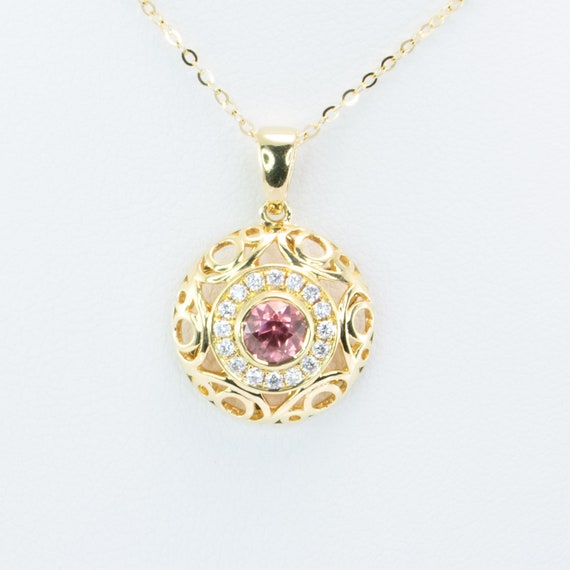 Natural Pink Sapphire Halo Pendant | Unheated Pink Sapphire and Diamonds Pendant in 18K Gold