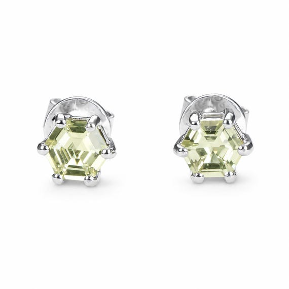 Lime Green Sapphire Studs in Platinum with Hexagonal Cut Sapphires