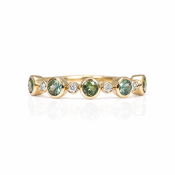 Australian Teal Sapphire & Diamond Half Eternity Band in 18K Yellow Gold