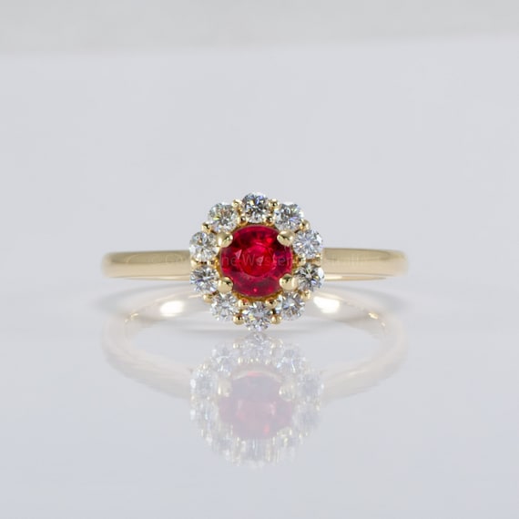 Natural Round Ruby Halo Ring | 18K Yellow Gold Ruby Ring