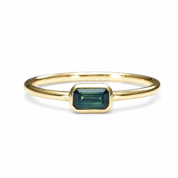 Dainty Solitaire Australian Teal Sapphire Ring – 9K Yellow or Rose Gold, Emerald Cut