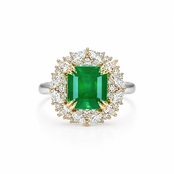 Emerald Statement Ring with Diamond Halo in 18K Gold and Platinum