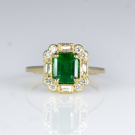 Art Deco Style Colombian Emerald Ring Emerald and Diamond Dress / Statement Ring