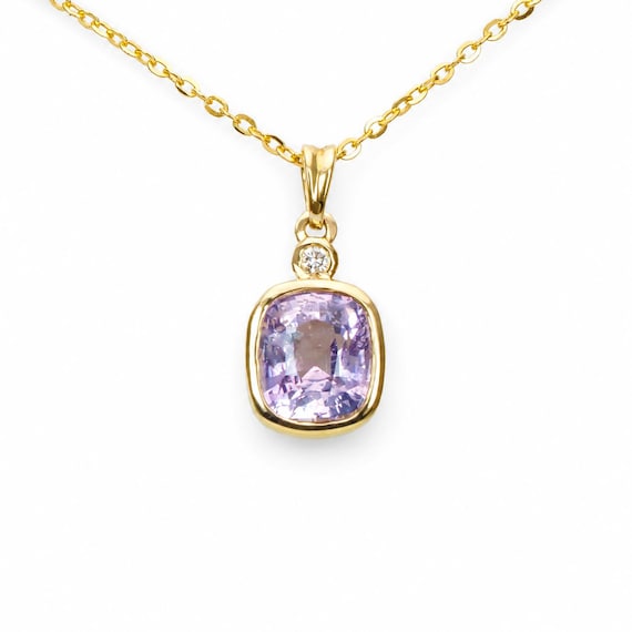 Soft Pink Sapphire Pendant in 18K Yellow Gold with Diamond - 2.58ct Cushion Cut
