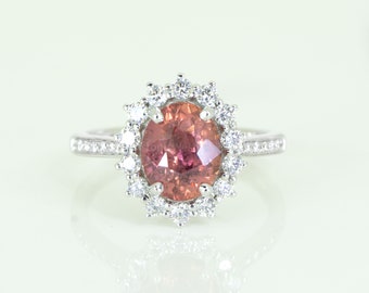 Natural Padparadscha Sapphire Ring with Diamond Halo 18ct Gold