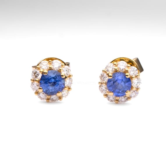 Natural Blue Sapphire Earrings | Diamond Halo Stud Earrings in 18K Yellow Gold