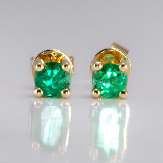 0.56ct Round Natural Colombian Emerald Stud Earrings in 18K Yellow Gold | Gemstone Jewellery
