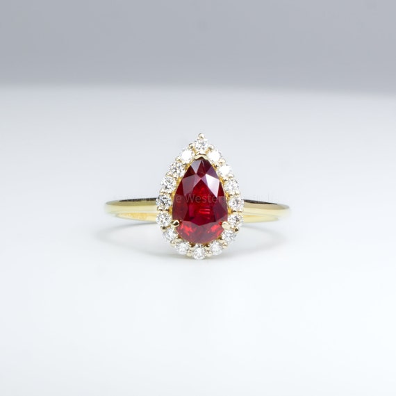 Unheated Natural Ruby 1.61ct Pear Ruby Halo Ring