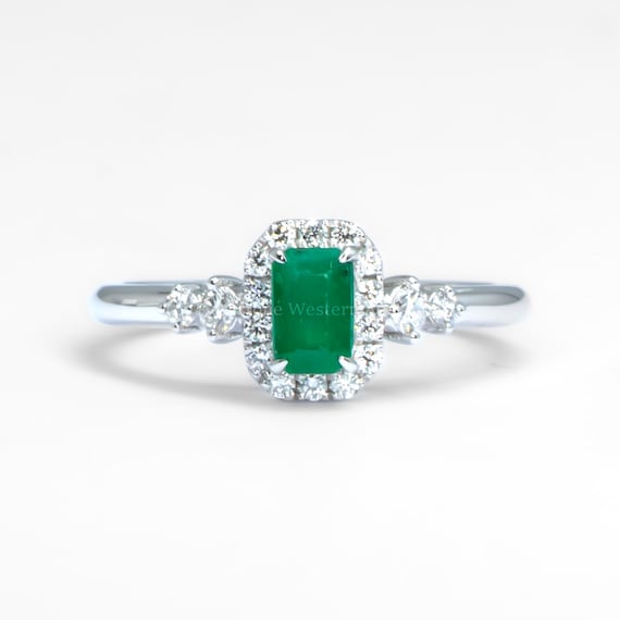 Colombian Emerald Halo Ring in Platinum with Compass-Set Diamonds