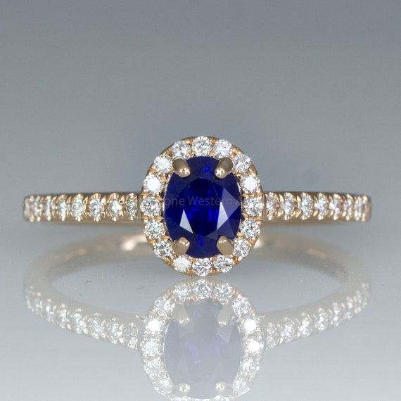Natural Unheated Blue Sapphire Ring Diamond Halo Ring in 18K Rose Gold