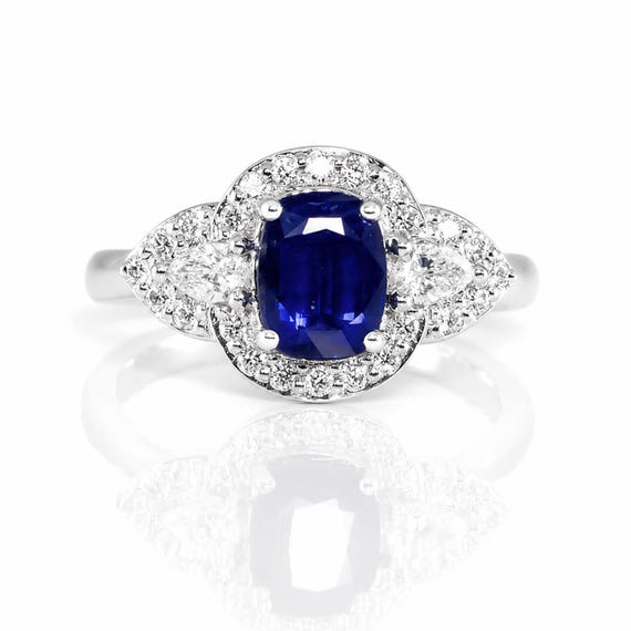 Natural Blue Sapphire Diamond Cluster Ring | Platinum Halo Setting