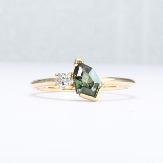 Natural Teal Sapphire and Diamond Toi et Moi Gold Ring