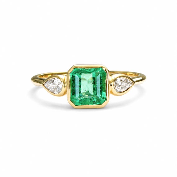 Colombian Emerald Engagement Ring in 18K Yellow Gold with Pear Shape Diamonds