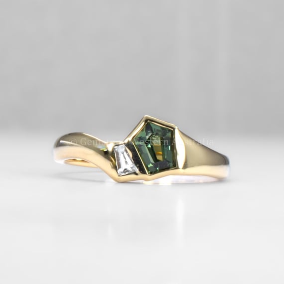 Unique Pentagonal Teal Sapphire and Diamond Gold Ring