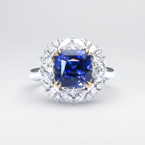 5.14ct Natural Blue Sapphire and Diamond Halo Dress Ring in Platinum and 18K Yellow Gold