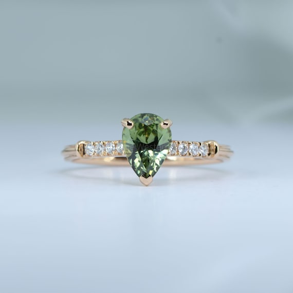 Natural Teal Sapphire Solitaire Ring with Diamond Accents