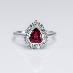 1 Carat Pear Mixed-Cut Ruby Halo Ring in Platinum | Pigeon Blood Red Colour Ruby Ring