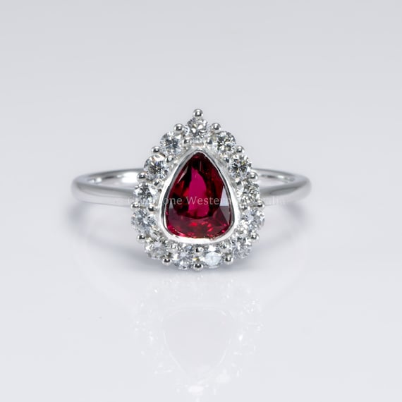 1 Carat Pear Mixed-Cut Ruby Halo Ring in Platinum | Pigeon Blood Red Colour Ruby Ring
